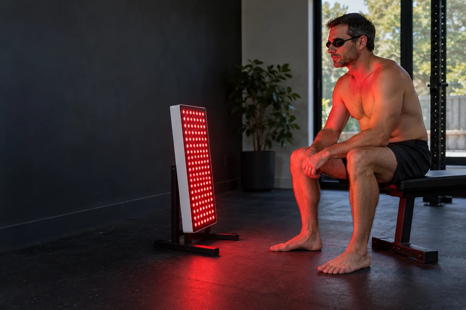Concept scene of a man using a medium red light therapy panel in a home fitness space