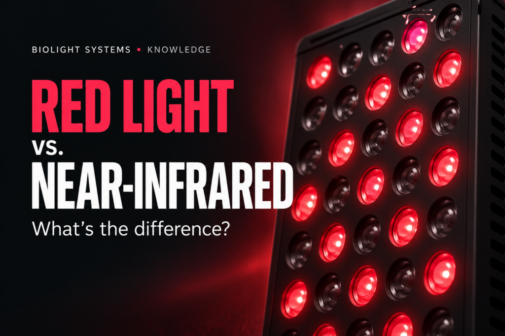 BioLight guide to red light vs. near-infrared light, beside an illustrative LED panel